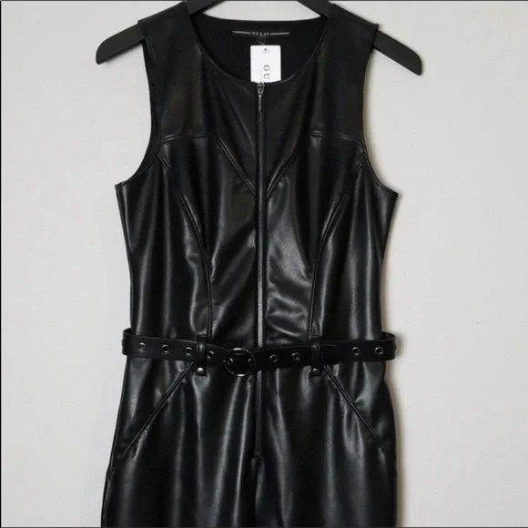 Guess Sandra Faux Leather Moto Belted Jumpsuit Black - Picture 5 of 8